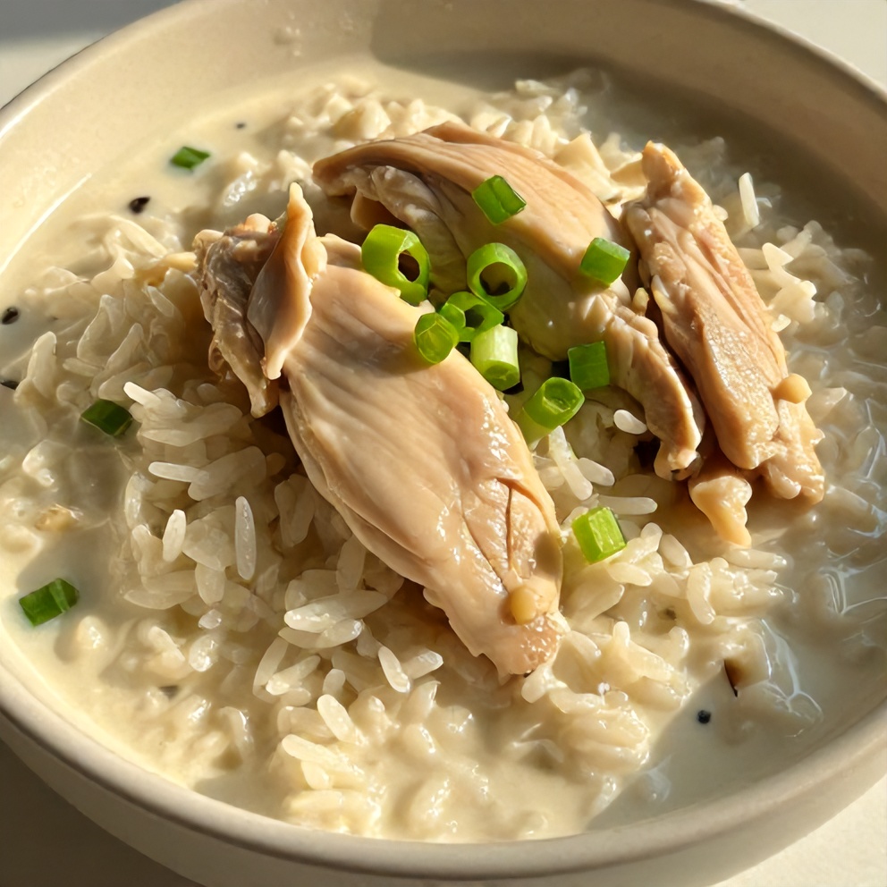 A bowl of Creamy Coconut Chicken Brothy Rice with green onions