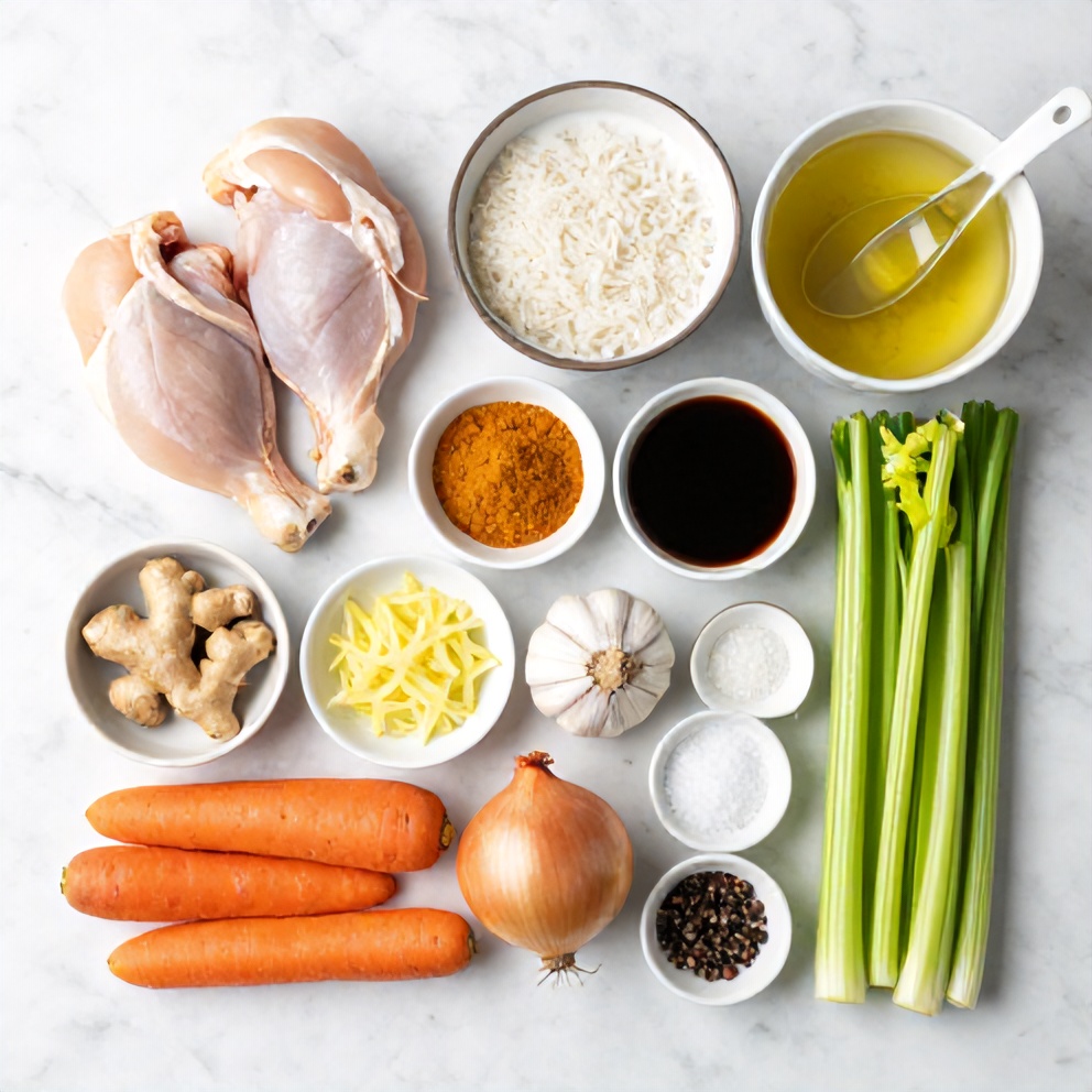 Raw ingredients for Creamy Coconut Chicken Brothy Rice on a white marble surface