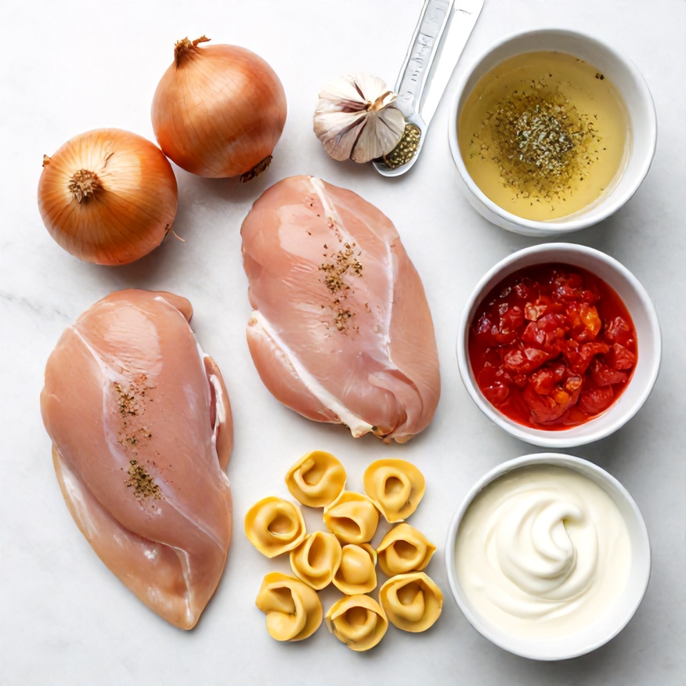 Raw ingredients for Crock Pot Chicken Parmesan Soup with Tortellini