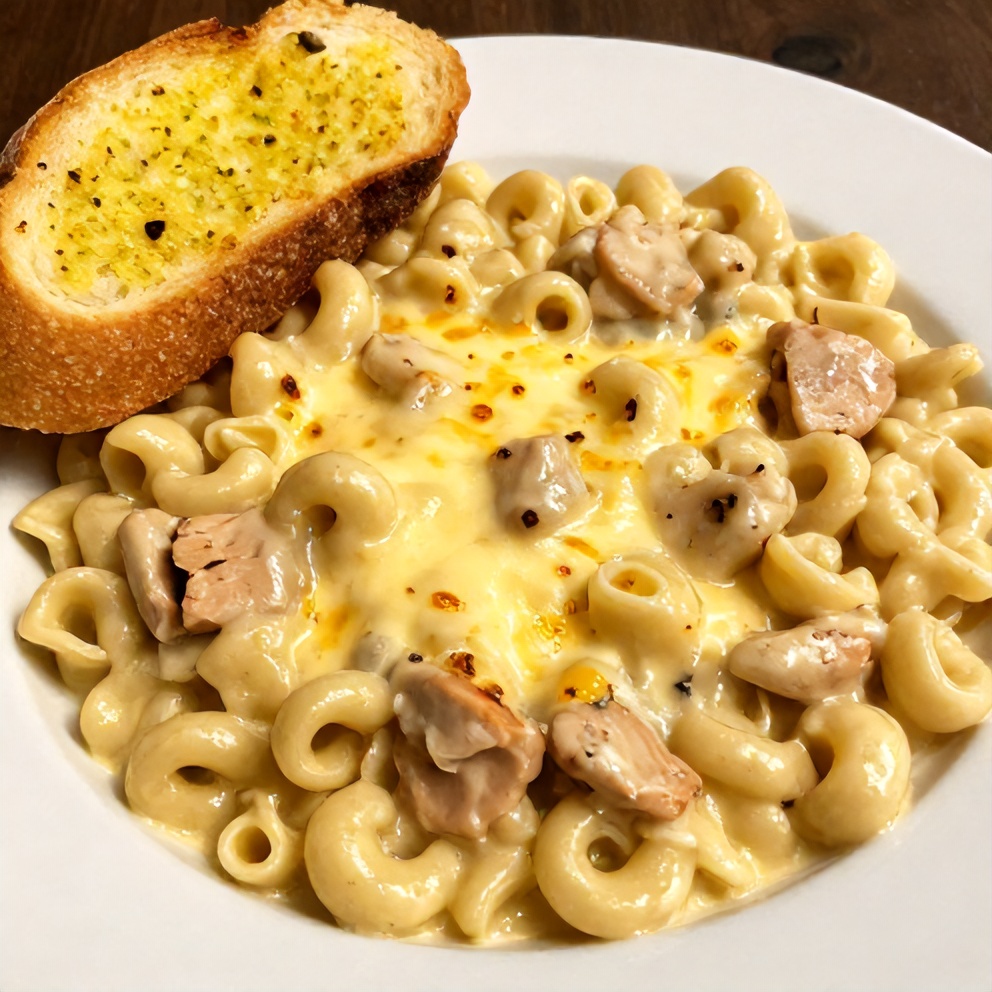 Plated Creamy Crockpot Chicken Tortellini with a side of garlic bread