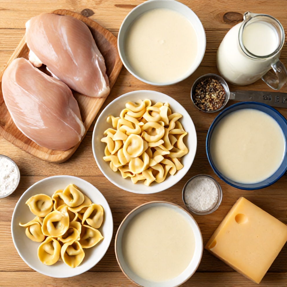 Raw ingredients for Creamy Crockpot Chicken Tortellini on a wooden surface
