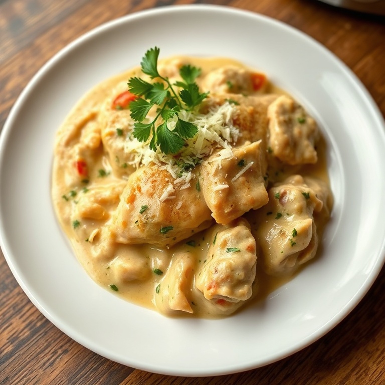 Plated creamy crockpot olive garden chicken. Topped with fresh parsley and parmesan. White ceramic plate. Warm lighting. Photorealistic food photography.