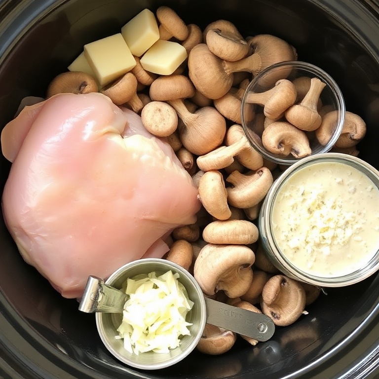 Raw ingredients for creamy crockpot olive garden chicken. Chicken thighs, garlic, mushrooms, cream of mushroom soup, chicken broth, and parmesan. Measuring spoons and bowls visible. Bright natural light.