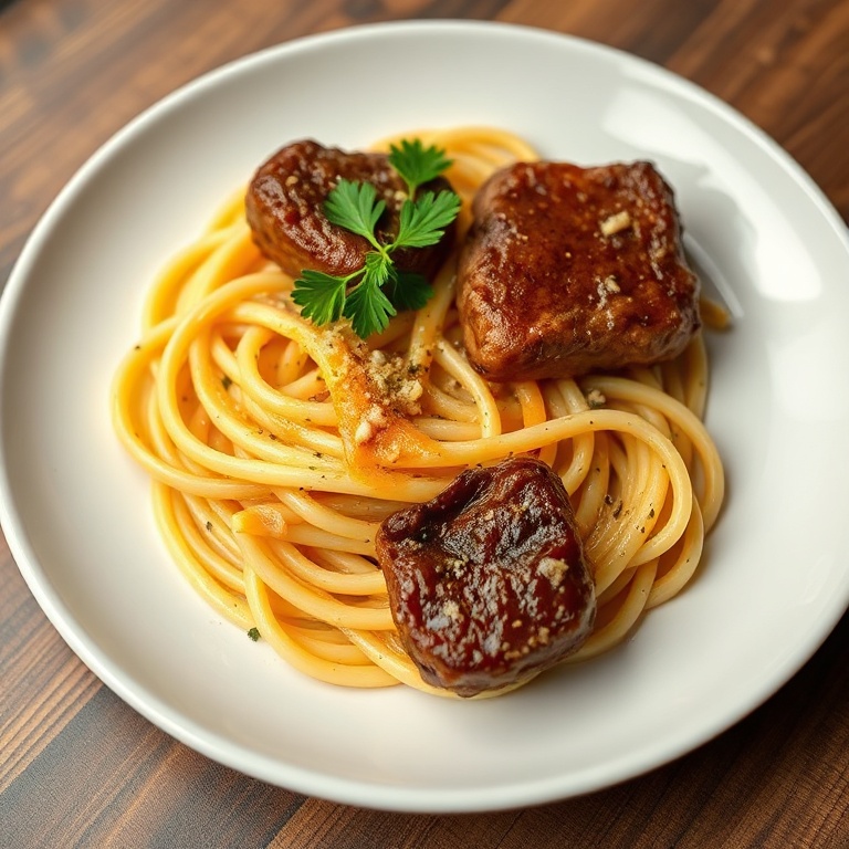 Steak bites and parmesan pasta plated on a white ceramic plate. Fresh parsley garnish. Close crop. Warm side light shows sauce texture.