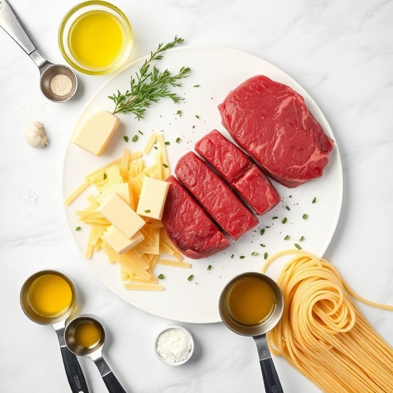Beef tenderloin, garlic, butter, parmesan cheese, pasta, olive oil, salt, pepper. Overhead flat lay. Measuring spoons and bowls visible. White marble surface.