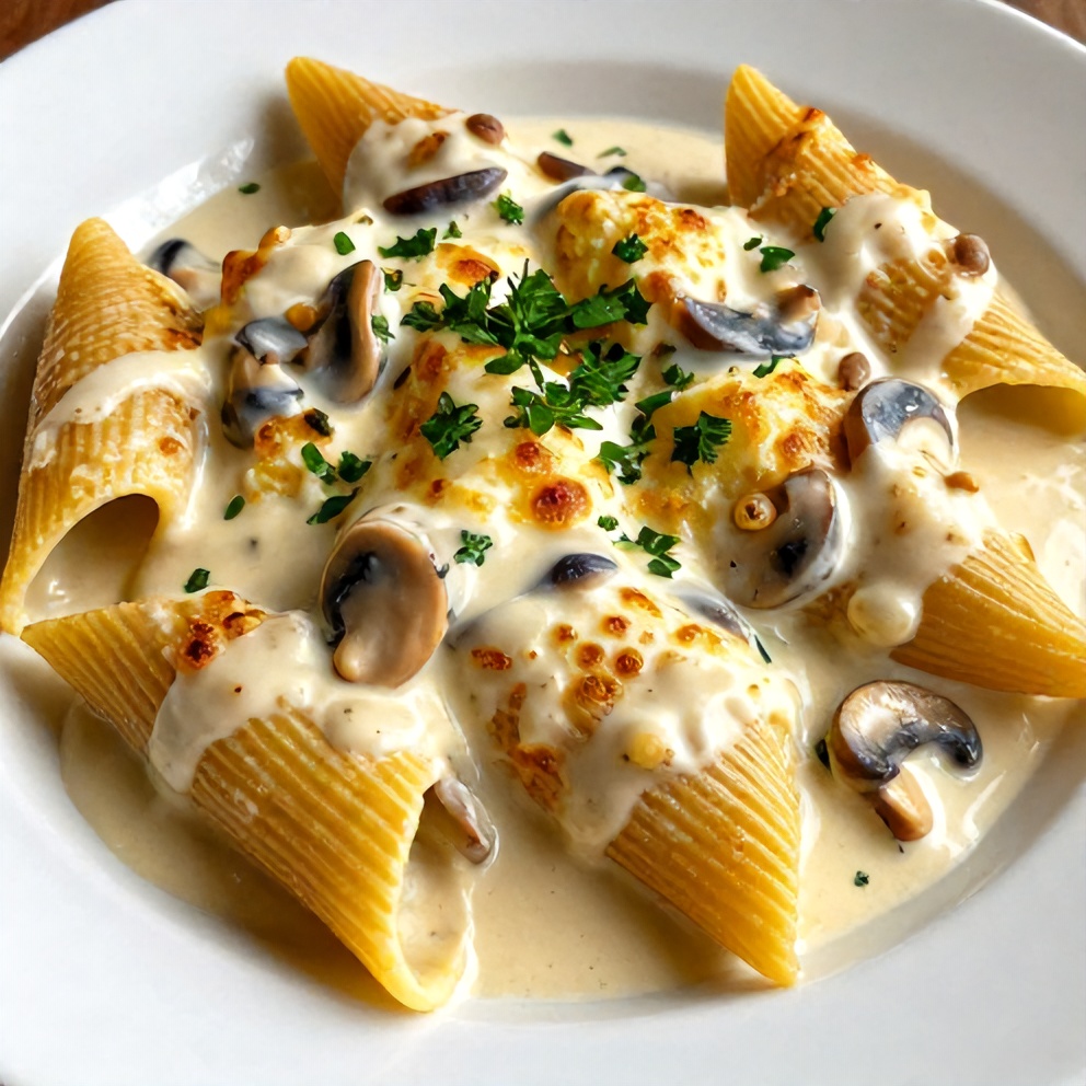 One perfect serving of Creamy Garlic Mushroom Stuffed Shells on a plate, golden and bubbly, creamy sauce drizzled over, fresh parsley garnish, warm side lighting highlighting the texture