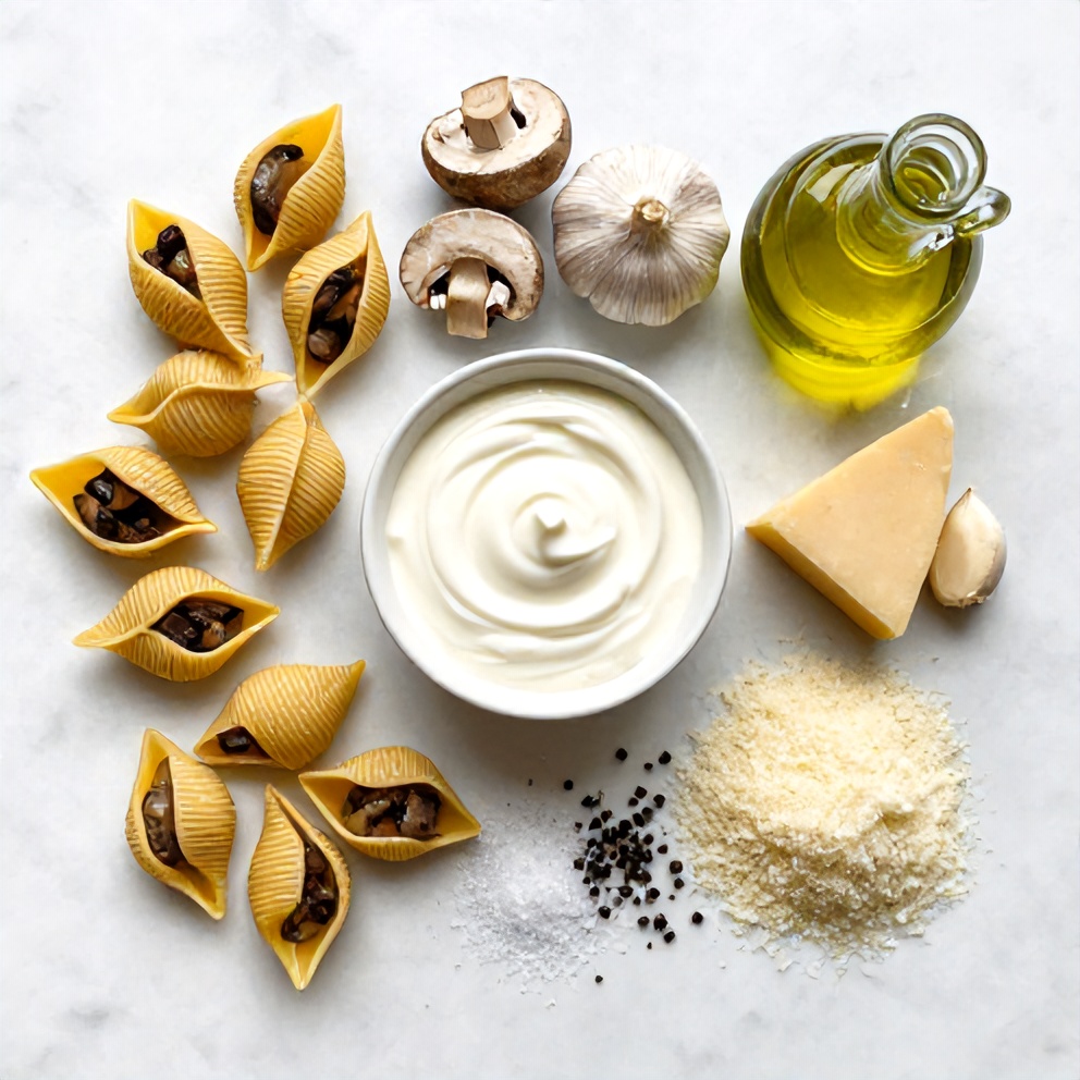 Raw ingredients for Creamy Garlic Mushroom Stuffed Shells: jumbo pasta shells, mushrooms, garlic, cream cheese, heavy cream, parmesan, mozzarella, olive oil, salt, pepper, arranged in a flat lay on a white marble surface under bright even light