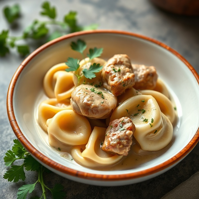 Finished creamy garlic steak tortellini on a wooden platter
