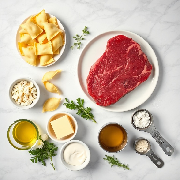 Flat lay of ingredients for creamy garlic steak tortellini