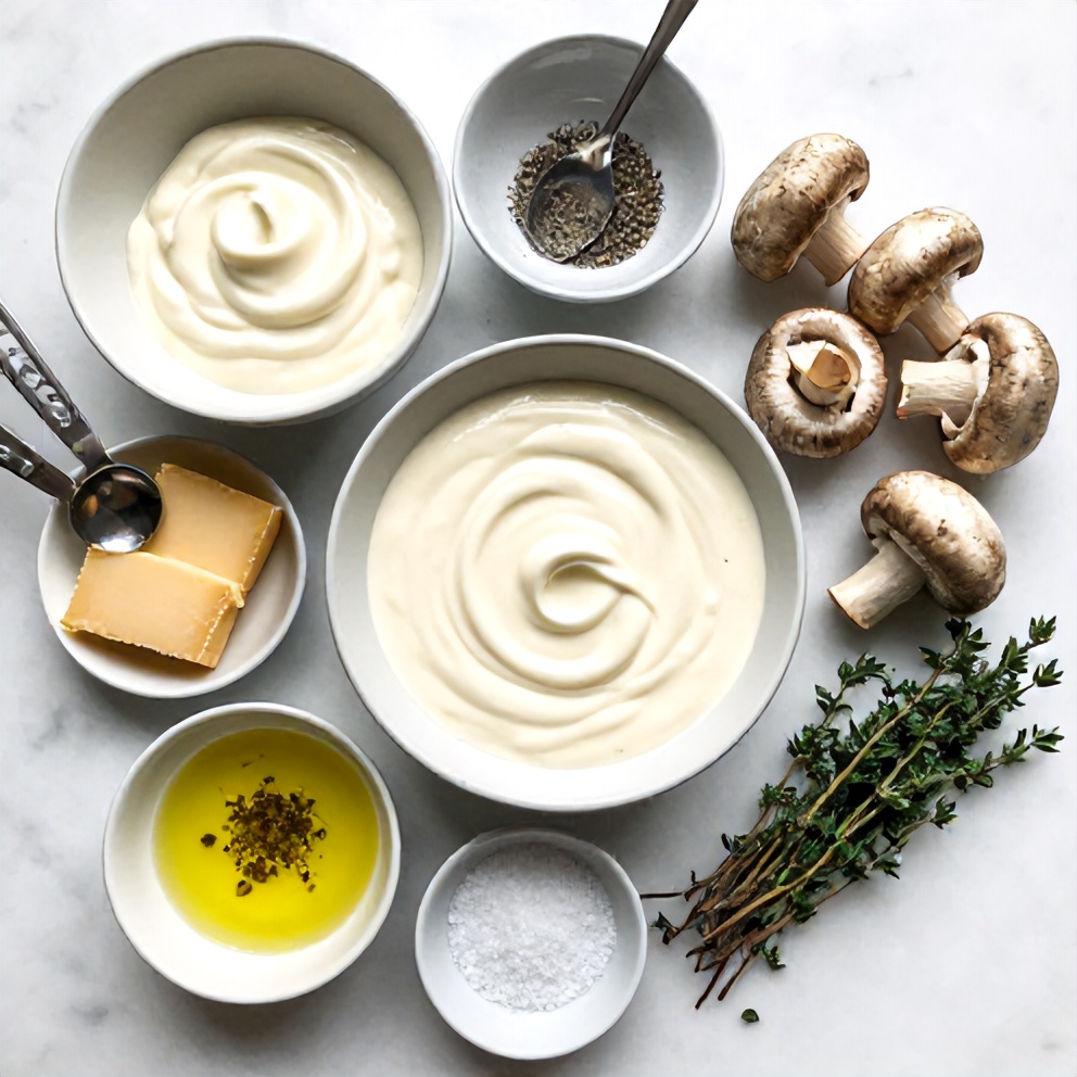 Raw ingredients for Creamy Gorgonzola Truffle Mushroom Sauce
