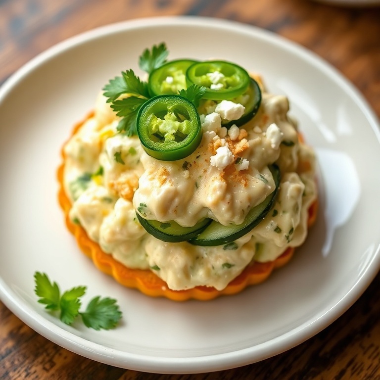 One perfect serving of creamy jalapeno popper cucumber salad. Garnished with cilantro and a sprinkle of feta. Served on a white ceramic plate with a golden crust and fresh jalapeño slices on top. Warm side lighting highlights texture.