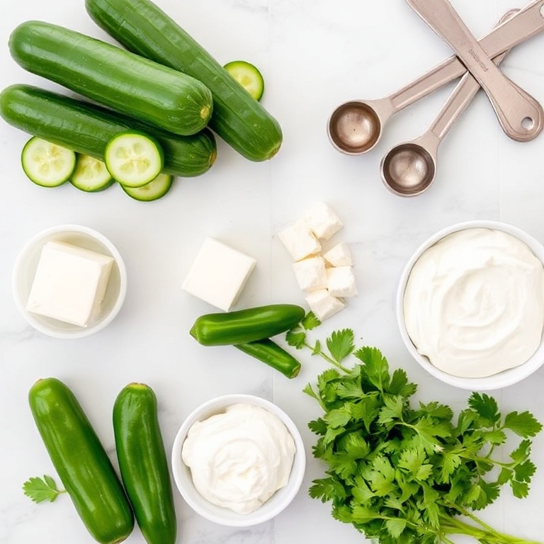 Overhead flat lay of ingredients for creamy jalapeno popper cucumber salad. Cucumbers, jalapeños, feta cheese, cilantro, and sour cream visible. Measuring spoons and bowls in the background. White marble surface with bright even light.