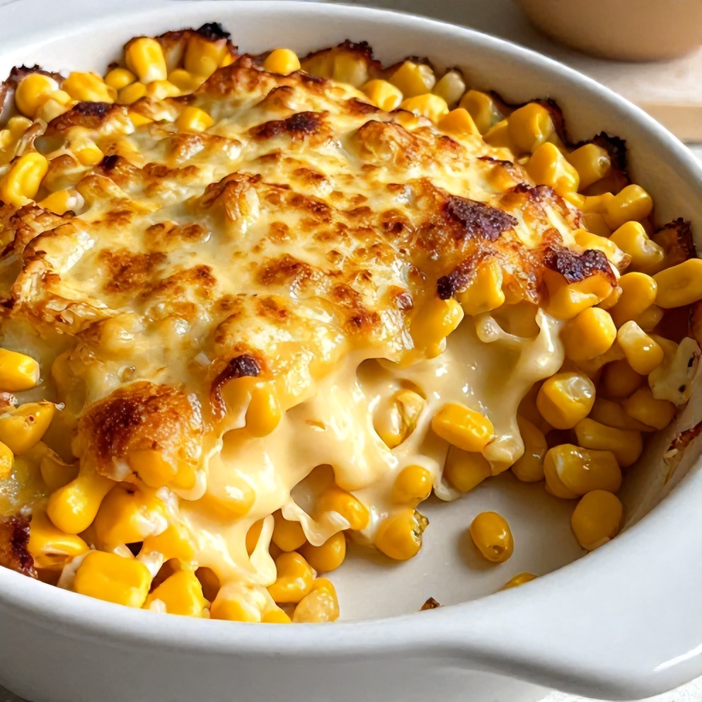 One serving of Jalapeño Popper Corn Casserole plated on a white dish, showing the creamy, cheesy interior and the crispy, golden crust.