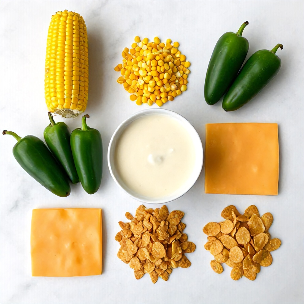 Raw ingredients for Jalapeño Popper Corn Casserole arranged in an overhead flat lay, including corn, cream of chicken soup, jalapeños, cheddar cheese, and crushed cornflakes.