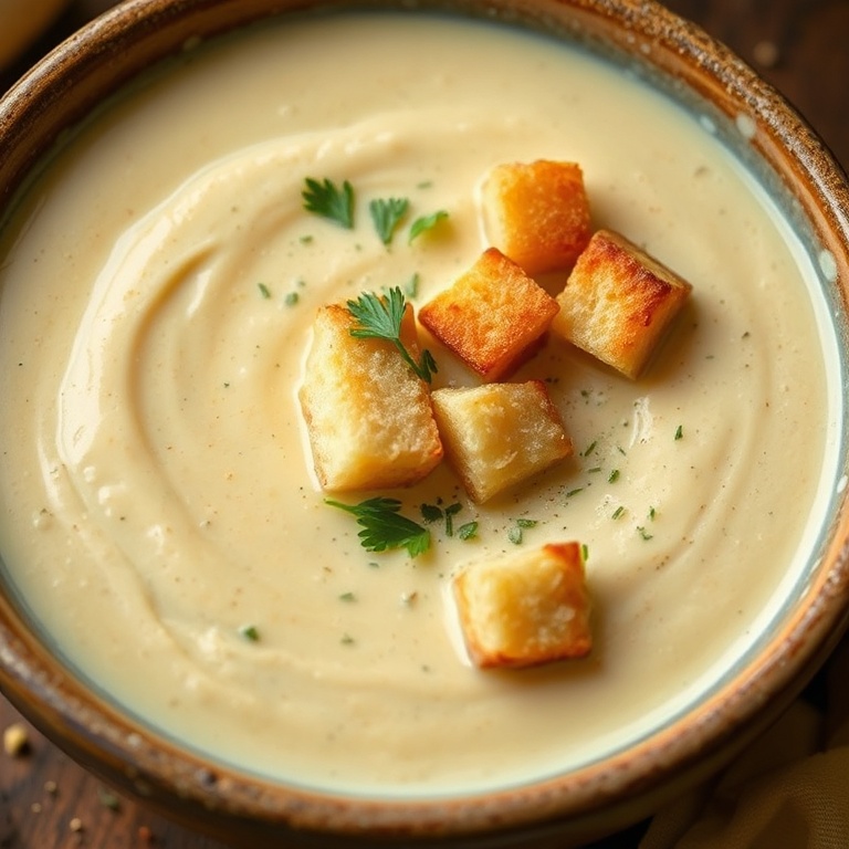 A single serving of creamy lemony Tuscan artichoke soup. Topped with croutons and a sprinkle of parsley. Served in a rustic ceramic bowl under warm lighting.