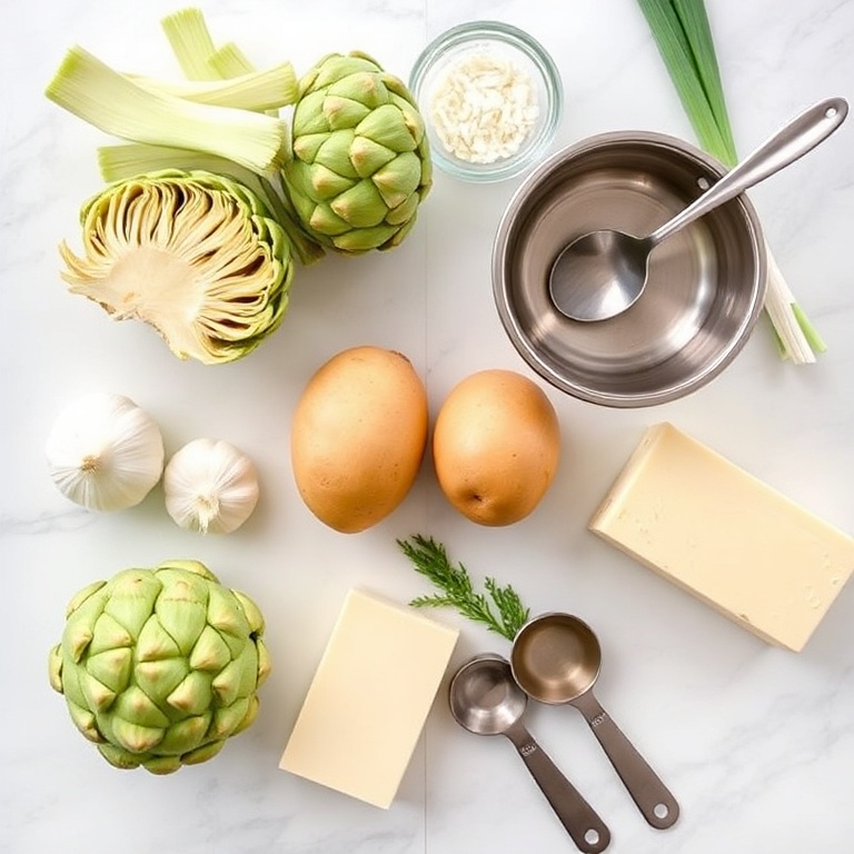 Raw ingredients for lemony Tuscan artichoke soup. Fresh artichokes, garlic, leeks, potatoes, and a block of Parmesan. Measuring cups and a mixing bowl on a white marble surface.