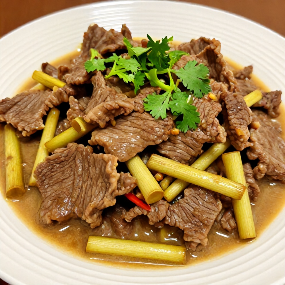 A plate of lemongrass coconut braised beef with a sprinkle of cilantro. Close-up showing the creamy texture and savory aroma.