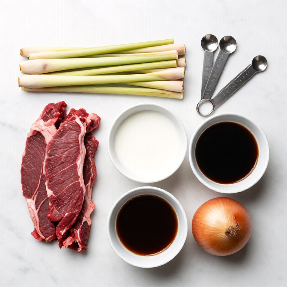 Raw ingredients for lemongrass coconut braised beef. Beef, lemongrass, coconut milk, soy sauce, and onions arranged in a flat lay.