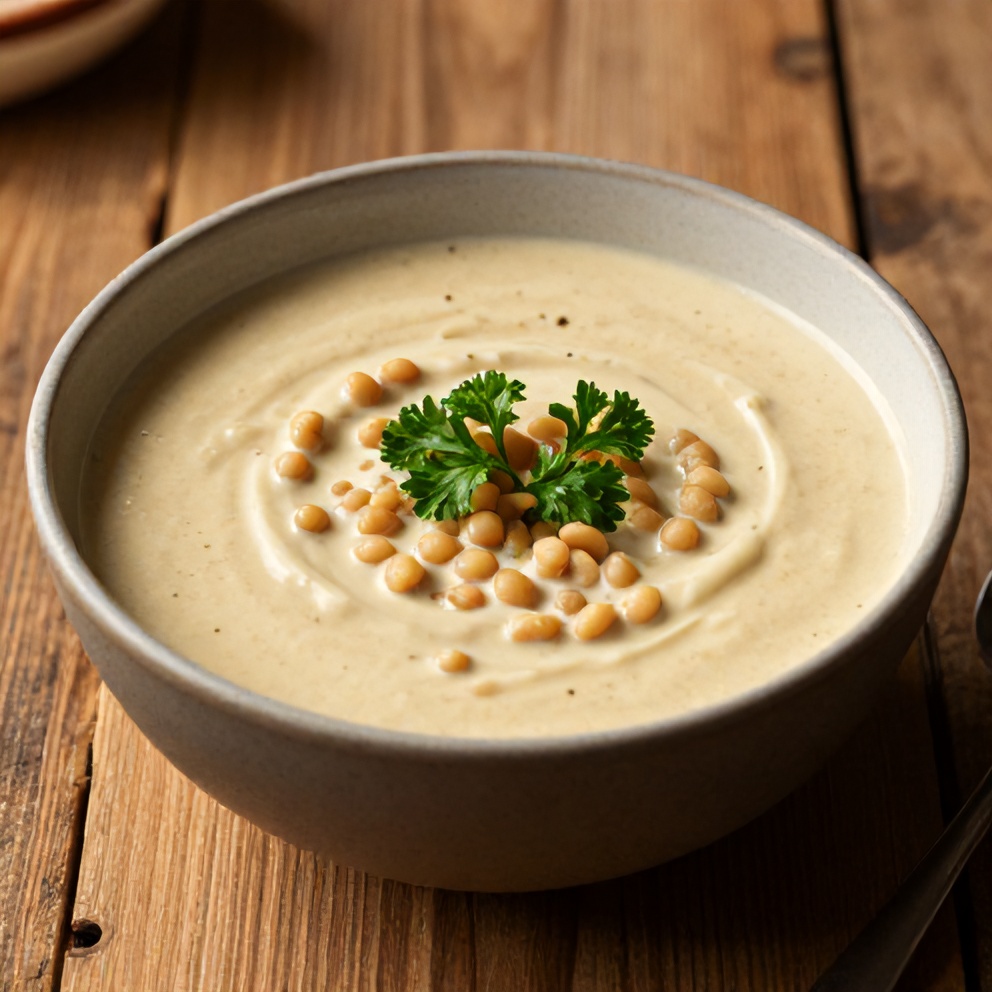 Bowl of Creamy Moroccan Harissa Lentil Soup garnished with fresh parsley, on a rustic wooden table.