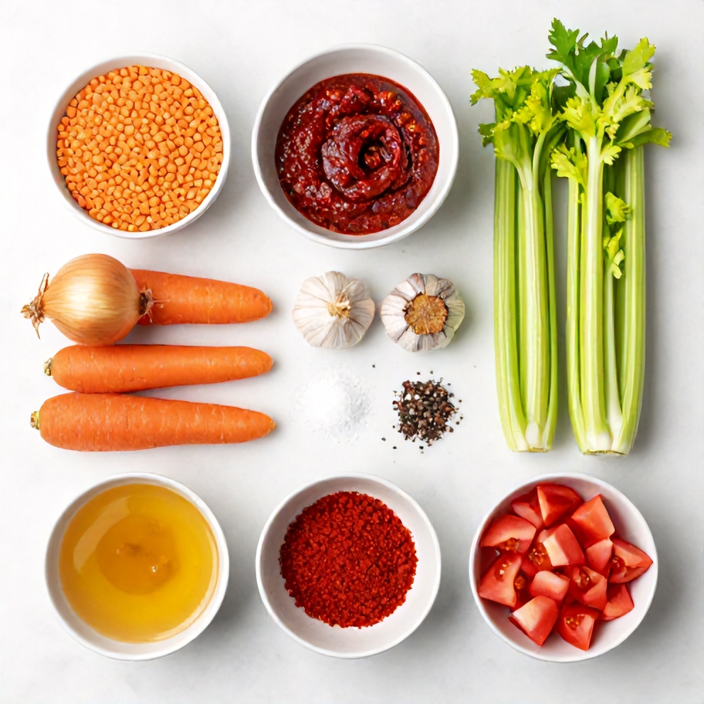 Raw ingredients for Moroccan Harissa Lentil Soup arranged in a flat lay, including lentils, vegetables, and spices.