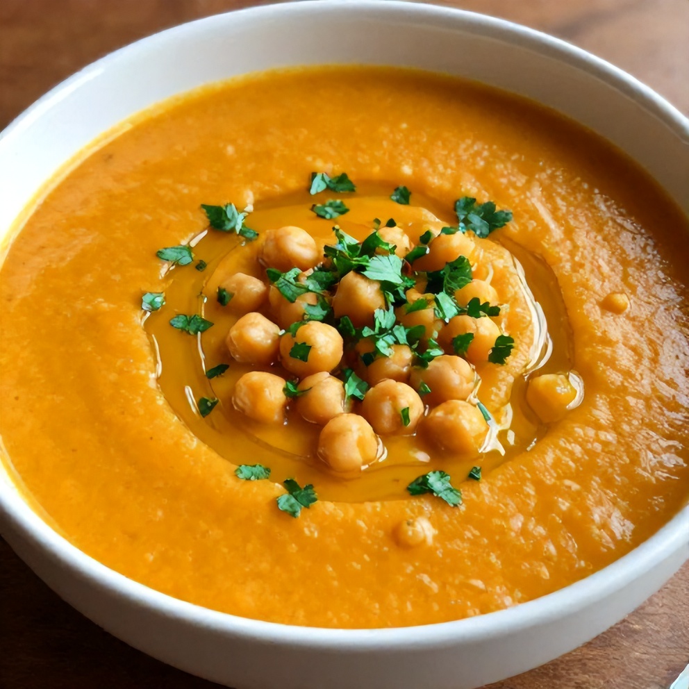 Bowl of Creamy Moroccan Sweet Potato Soup with Chickpeas and a sprinkle of parsley