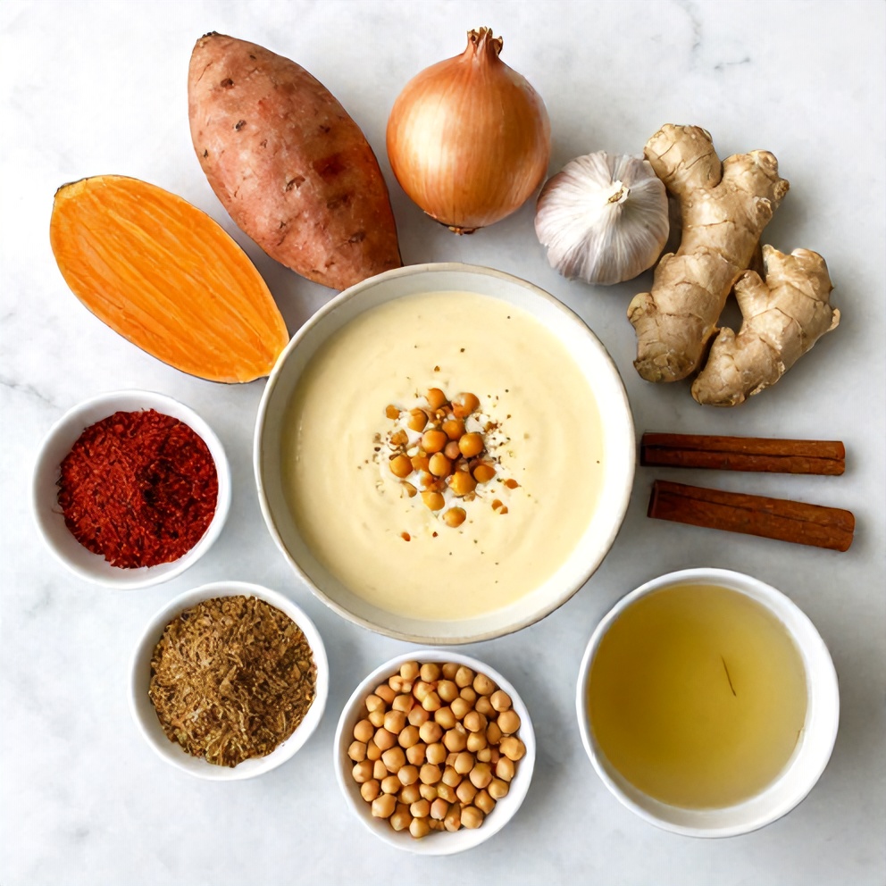 Raw ingredients for Creamy Moroccan Sweet Potato Soup with Chickpeas