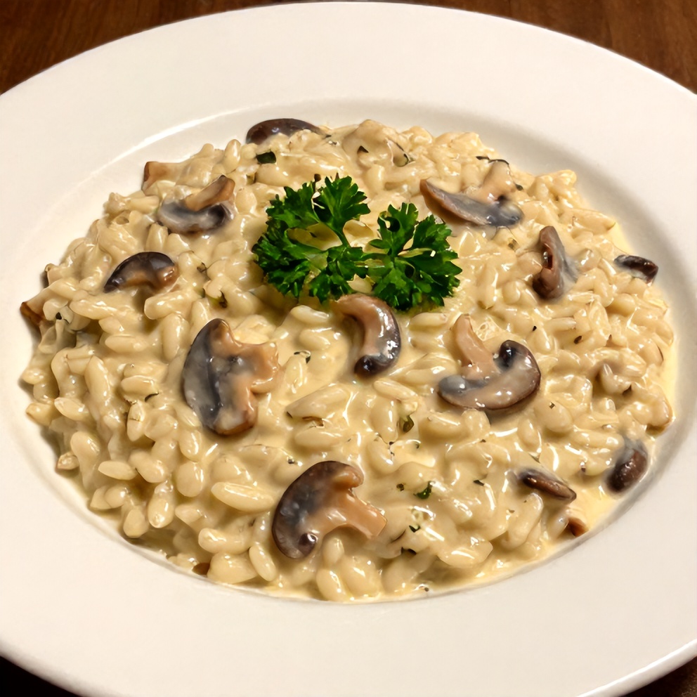 Plated creamy mushroom risotto with parsley garnish