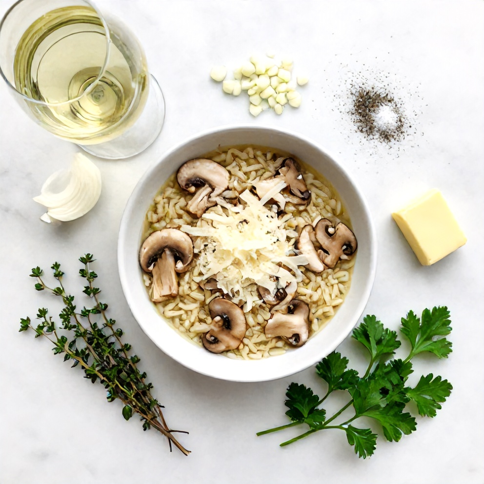 Raw ingredients for creamy mushroom risotto on a marble surface