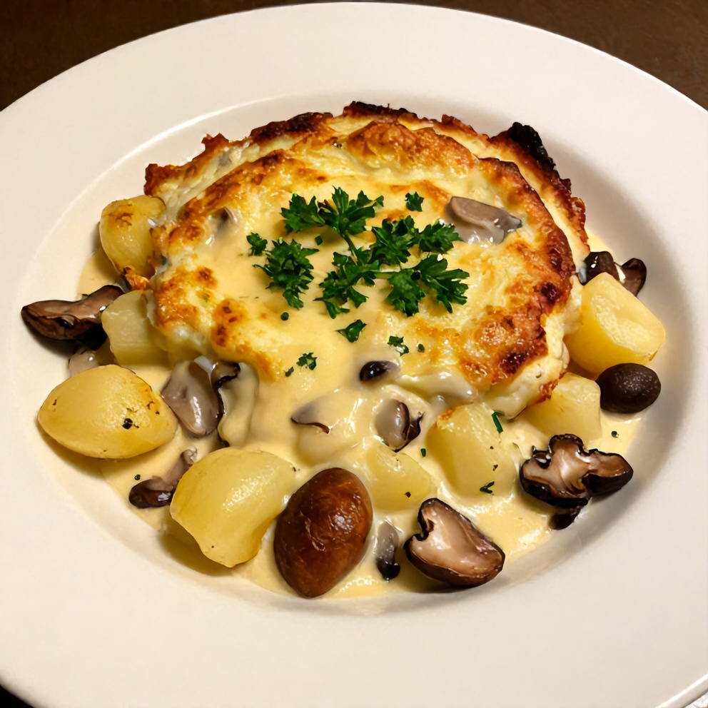 Plated Creamy Pancetta and Porcini Potato Gratin