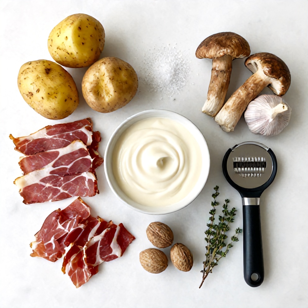 Raw ingredients for Creamy Pancetta and Porcini Potato Gratin