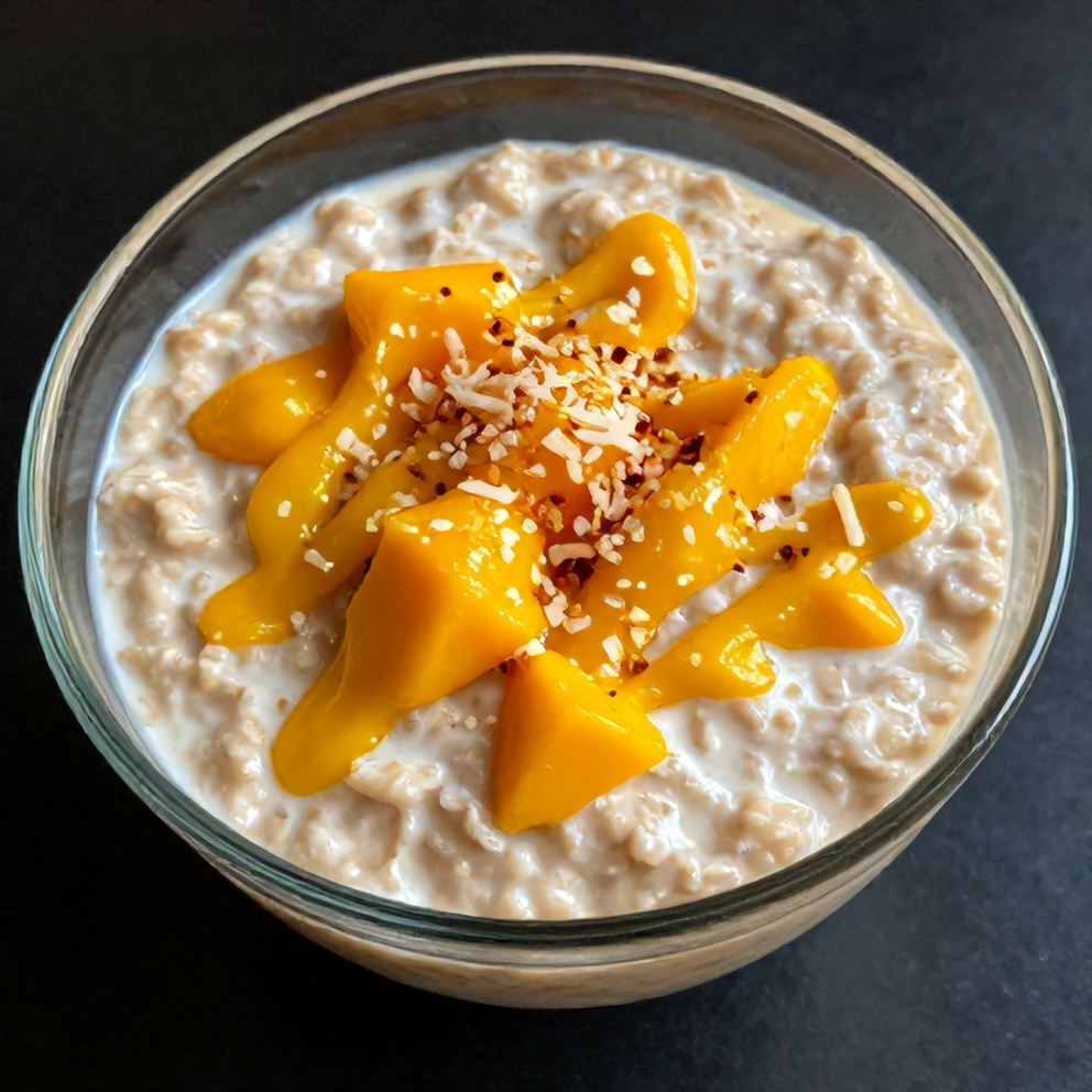 Creamy Pandan Coconut Overnight Oats with Mango Drizzle