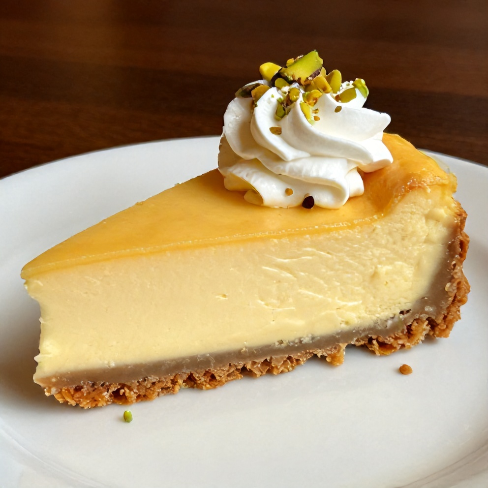 Sliced Pistachio Baklava Cheesecake on a plate