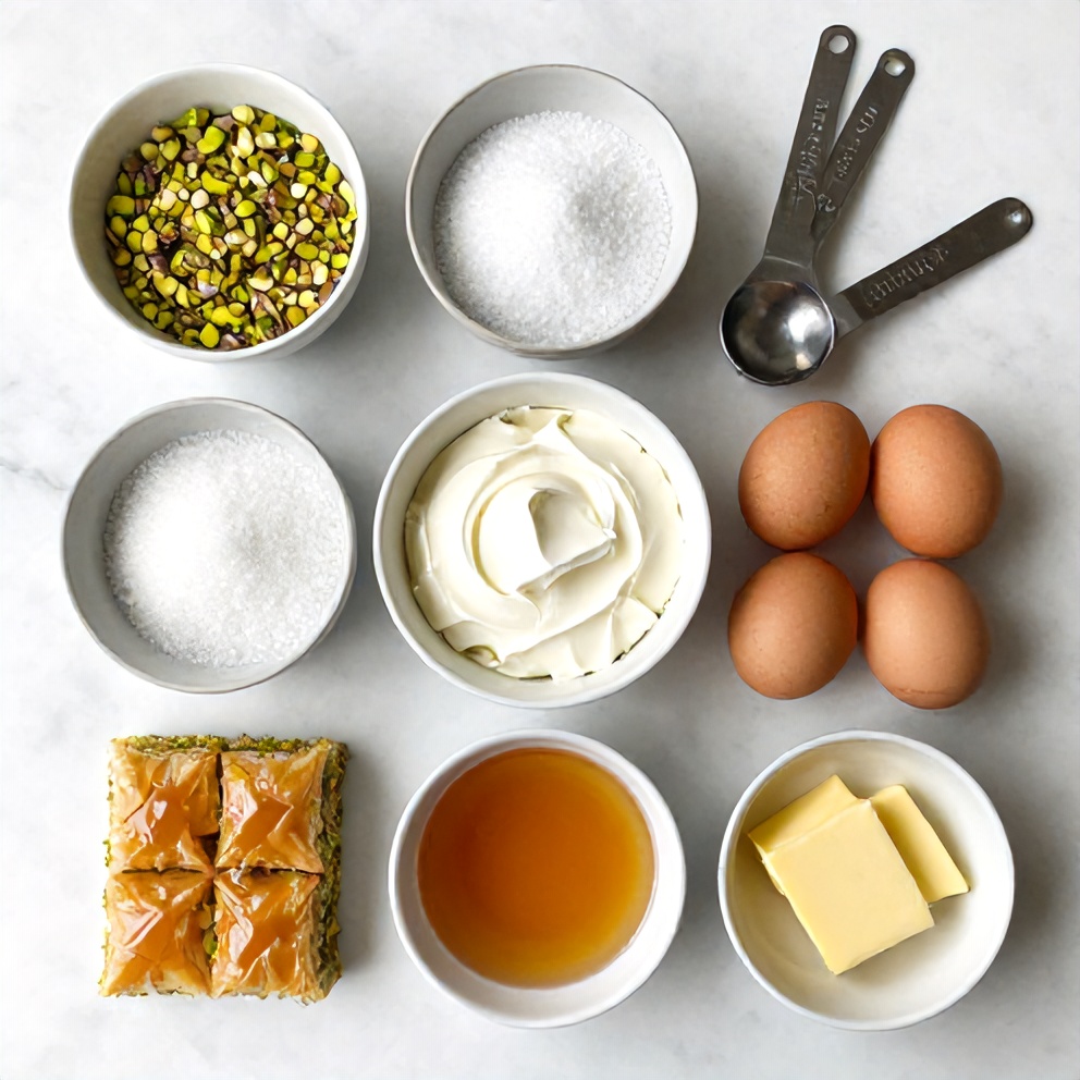 Raw ingredients for Pistachio Baklava Cheesecake