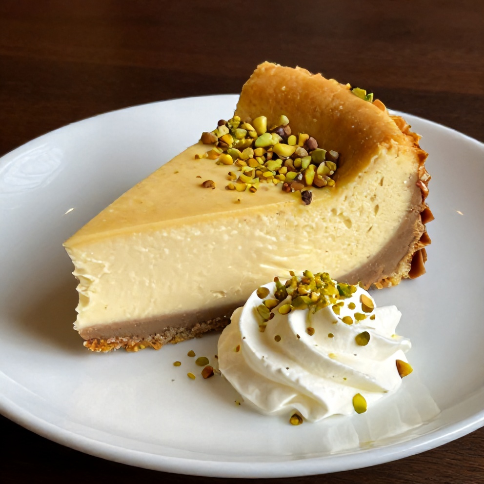 Sliced pistachio cheesecake on a plate