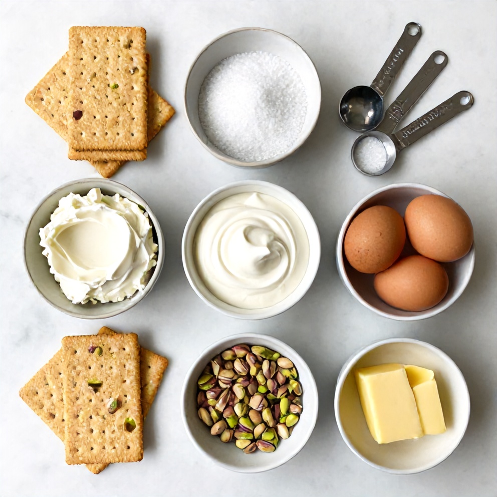 Raw ingredients for pistachio cheesecake