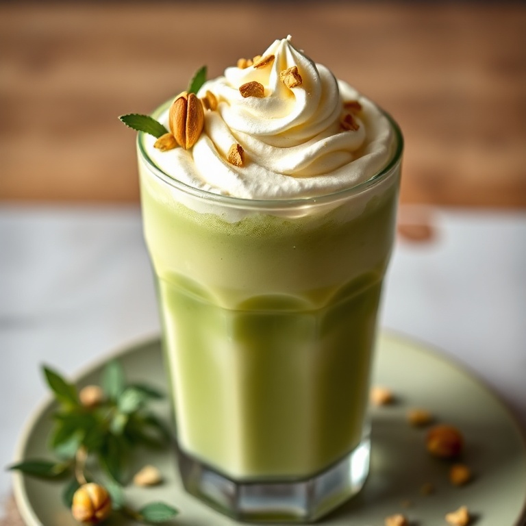 A perfectly plated pistachio matcha shake in a glass. Topped with whipped cream and a pistachio. Warm lighting highlights the texture.