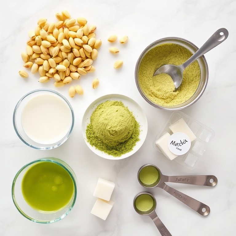 Raw ingredients for a pistachio matcha shake. Pistachios, matcha powder, coconut milk, banana, and ice cubes arranged in a flat lay.