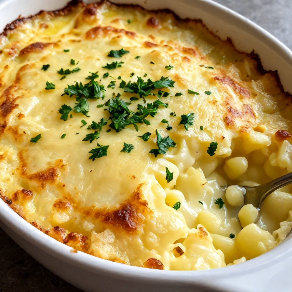 Plated serving of creamy potato gratin, garnished with fresh parsley