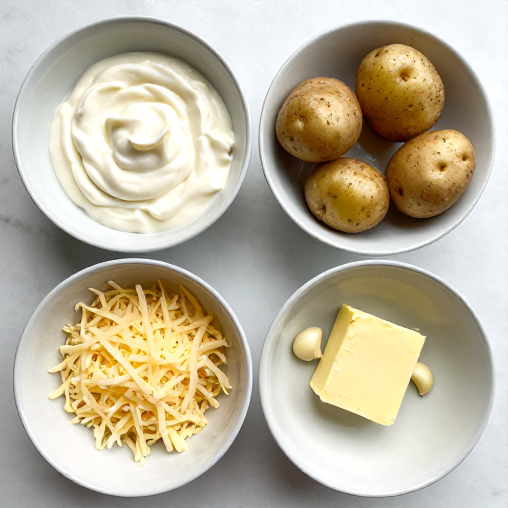 Raw ingredients for creamy potato gratin, arranged in prep bowls