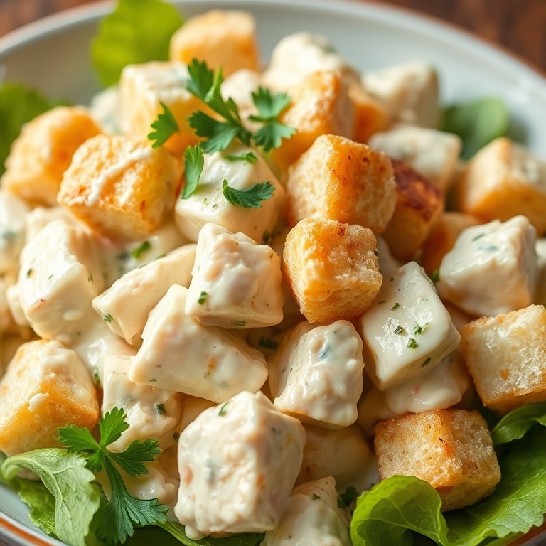 A single serving of creamy ranch chicken salad with croutons and a sprinkle of parsley