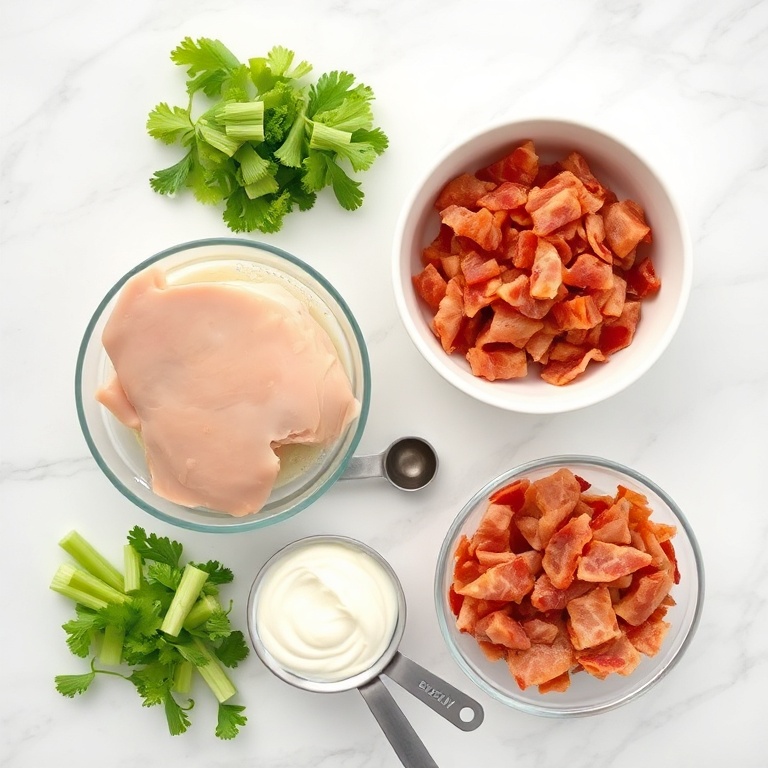 Raw ingredients for creamy ranch chicken salad including chicken breast, mayonnaise, ranch dressing, celery, and bacon