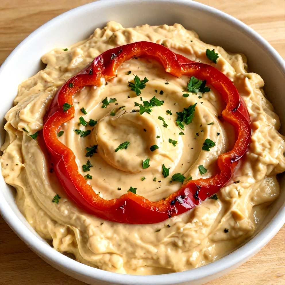 Creamy Roasted Red Pepper and Garlic Dip served in a bowl with pita chips