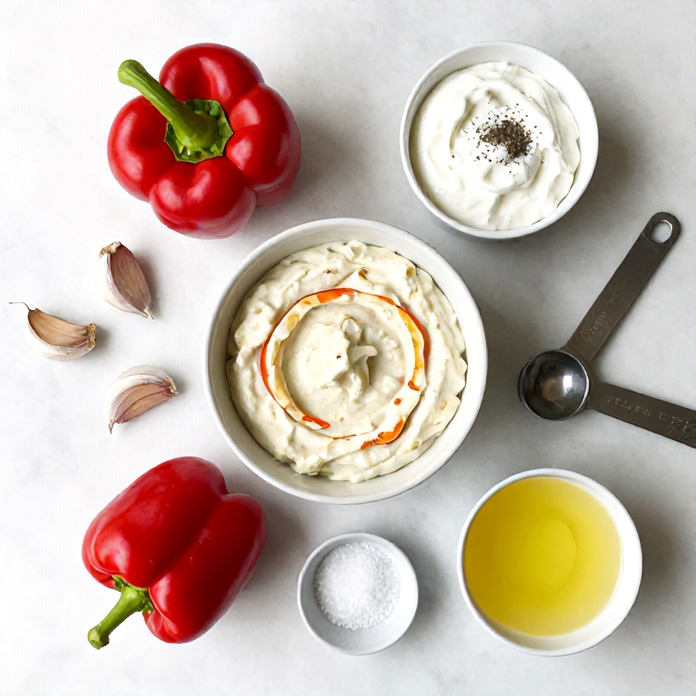Raw ingredients for Creamy Roasted Red Pepper and Garlic Dip arranged on a white marble surface