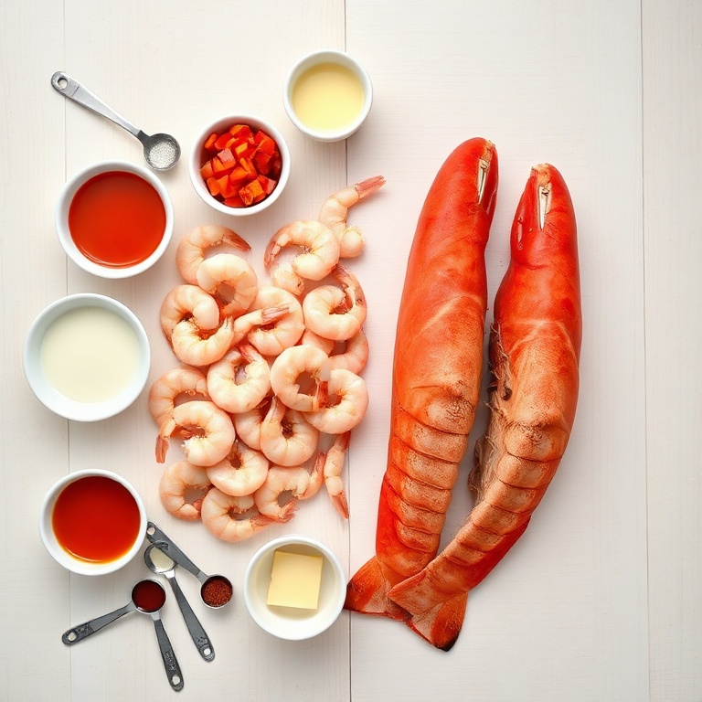 Raw ingredients for creamy seafood chili laid out