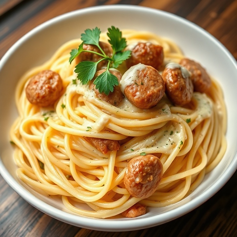 Spaghetti Alfredo with Italian Sausage. Topped with fresh parsley. Served in a white bowl. Warm side lighting. Close crop. Photorealistic food photography.