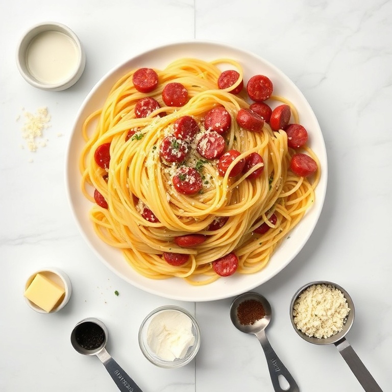 Spaghetti, Italian sausage, heavy cream, garlic, Parmesan, butter, salt, pepper. Overhead flat lay. White marble surface. Measuring spoons and cups. Bright even light. Photorealistic food photography.