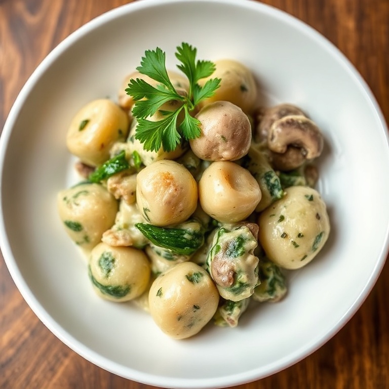 A single serving of creamy spinach and mushroom gnocchi plated in a white deep dish. A sprinkle of fresh parsley tops the dish. Warm light highlights the texture.