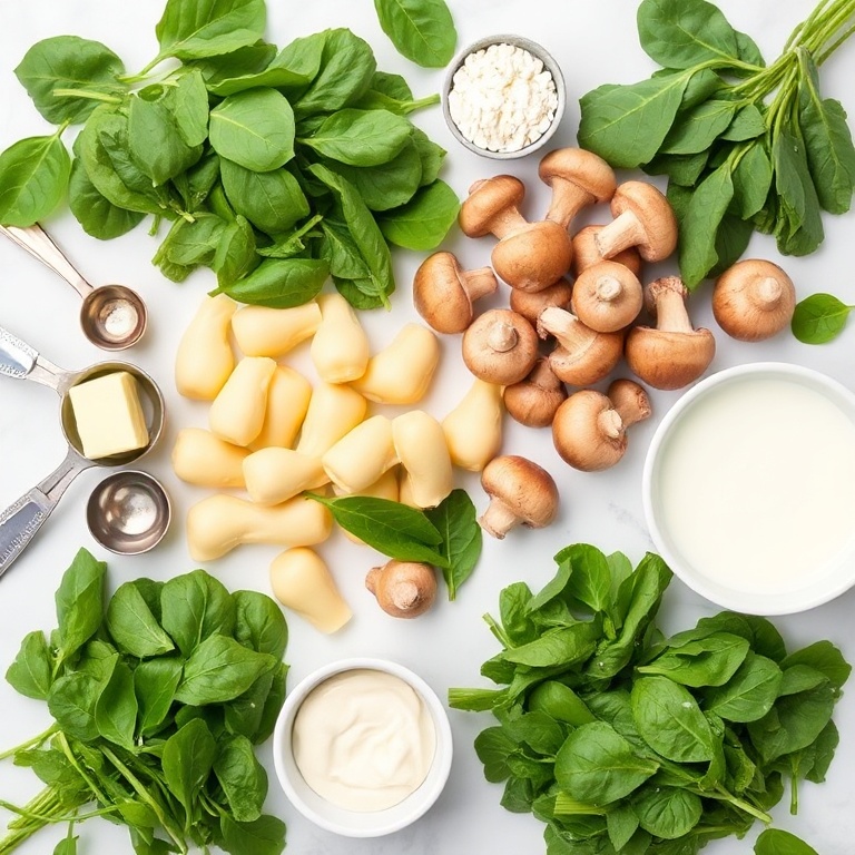 A flat lay of fresh spinach, mixed mushrooms, gnocchi, garlic, butter, and cream. Measuring spoons and bowls are visible. The ingredients are arranged on a white marble surface.