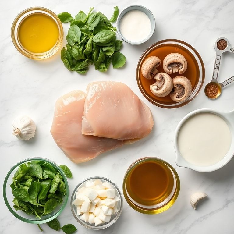 Raw ingredients for creamy spinach mushroom chicken