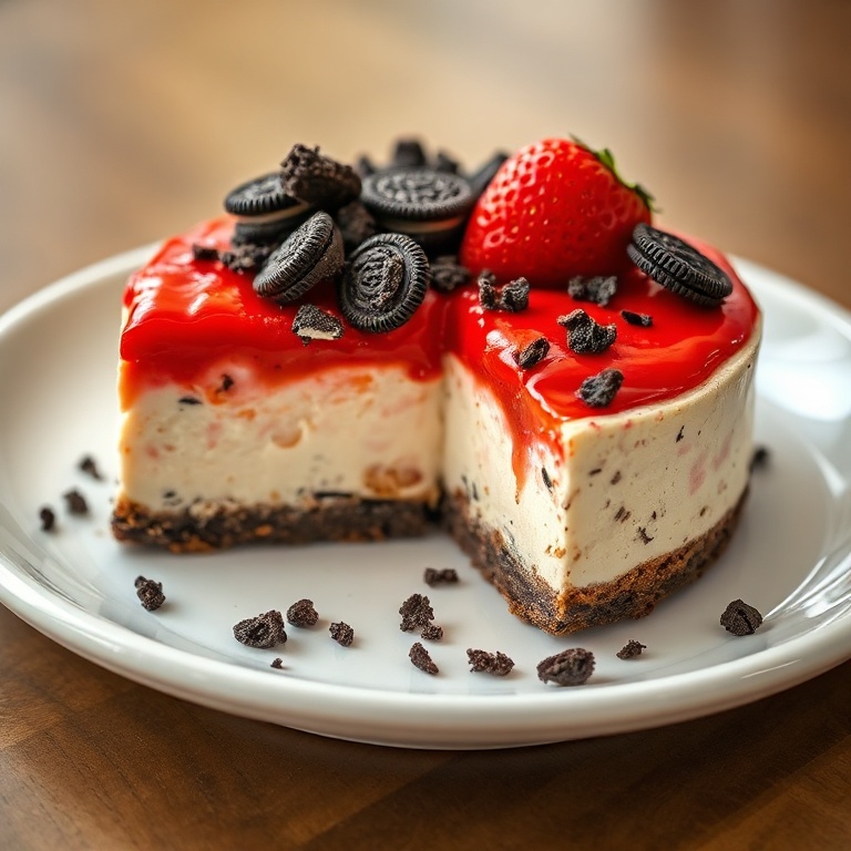 Strawberry cheesecake topped with crushed Oreo cookies, plated on a white ceramic dish